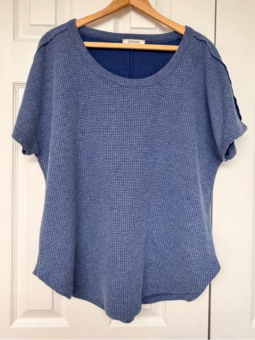 Oversized Waffle Knit Tee Navy Flowy Raw Hem Dolman Sleeve Slouchy Casual Top L